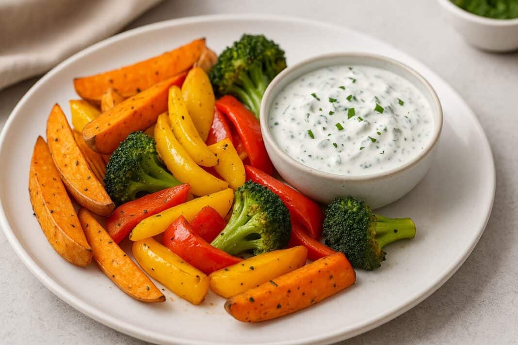 Ofengemüse mit Paprika, Brokkoli und Süßkartoffeln, serviert mit cremigem Kräuterquark auf weißem Teller