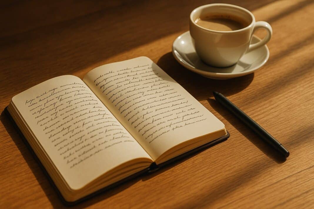 Notizbuch auf dem Tisch mit Stift und Kaffee