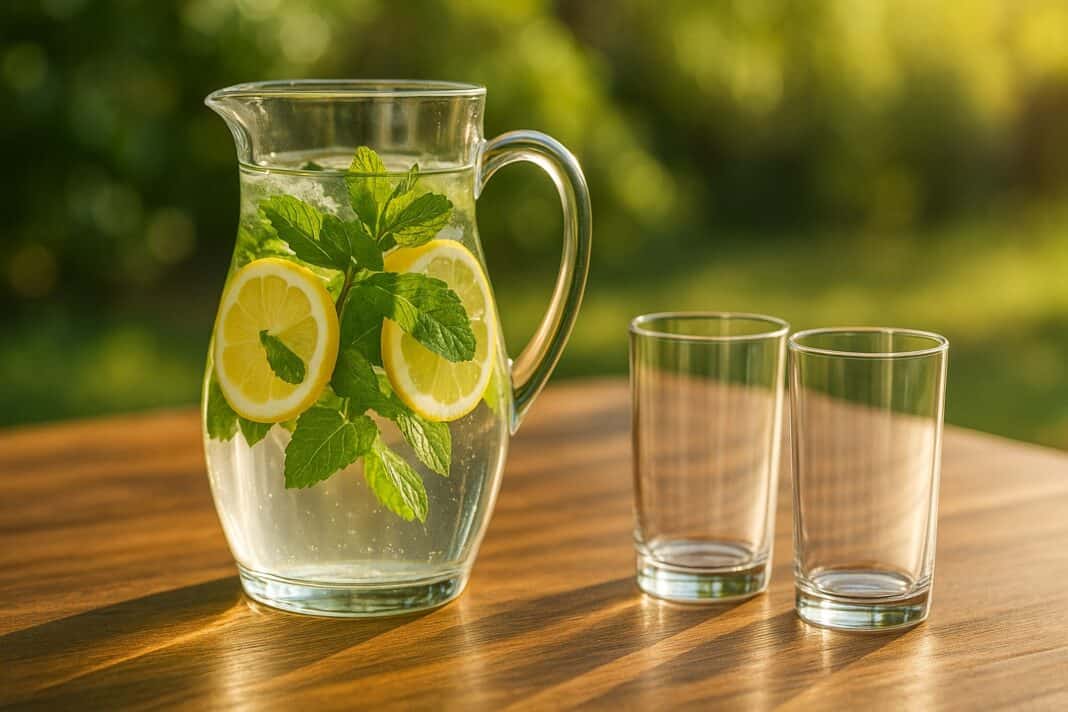 Wasserkrug auf Holztisch mit Zitrone und Minze